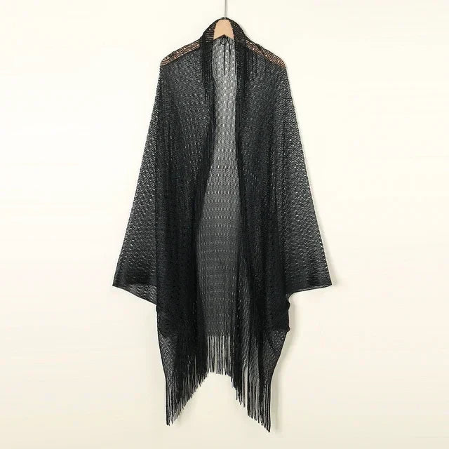 Evening Lace Sheer Shawl Scarf – Hollow Tassel Glitter Gold & Silver Thread Thin Long Sunscreen Wrap for Women Party Dresses