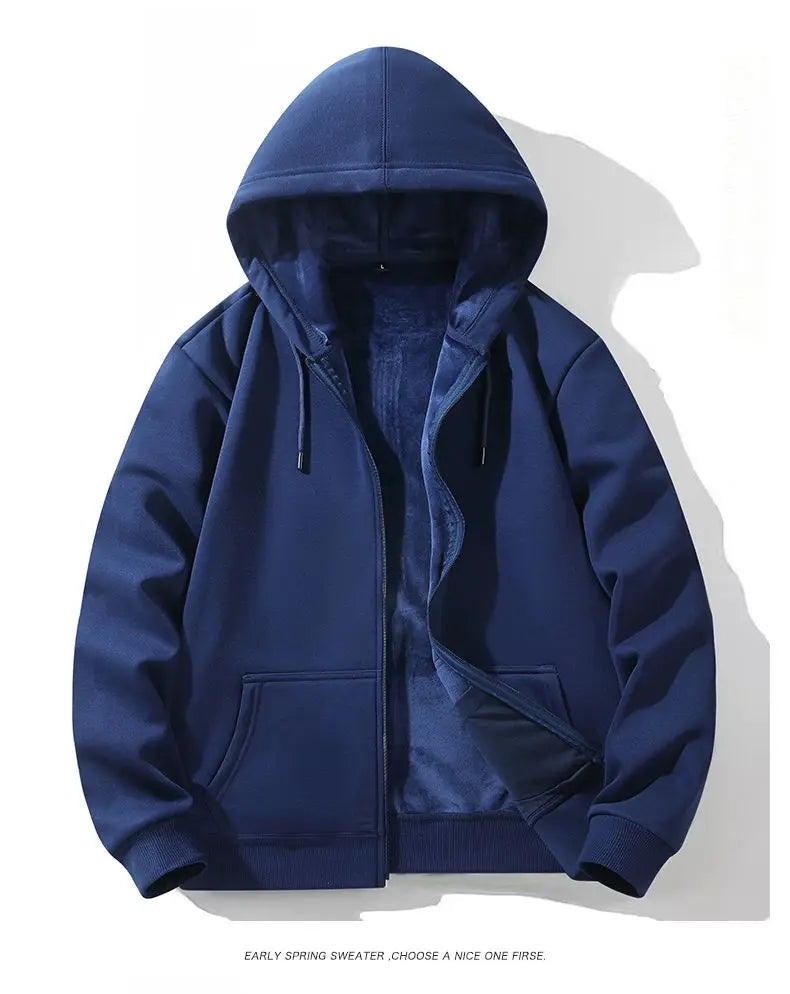 Zipper Hooded Sweatshirt – Autumn Winter Fleece-Lined Cotton Cardigan for Men & Women, Solid Color Y2K Style