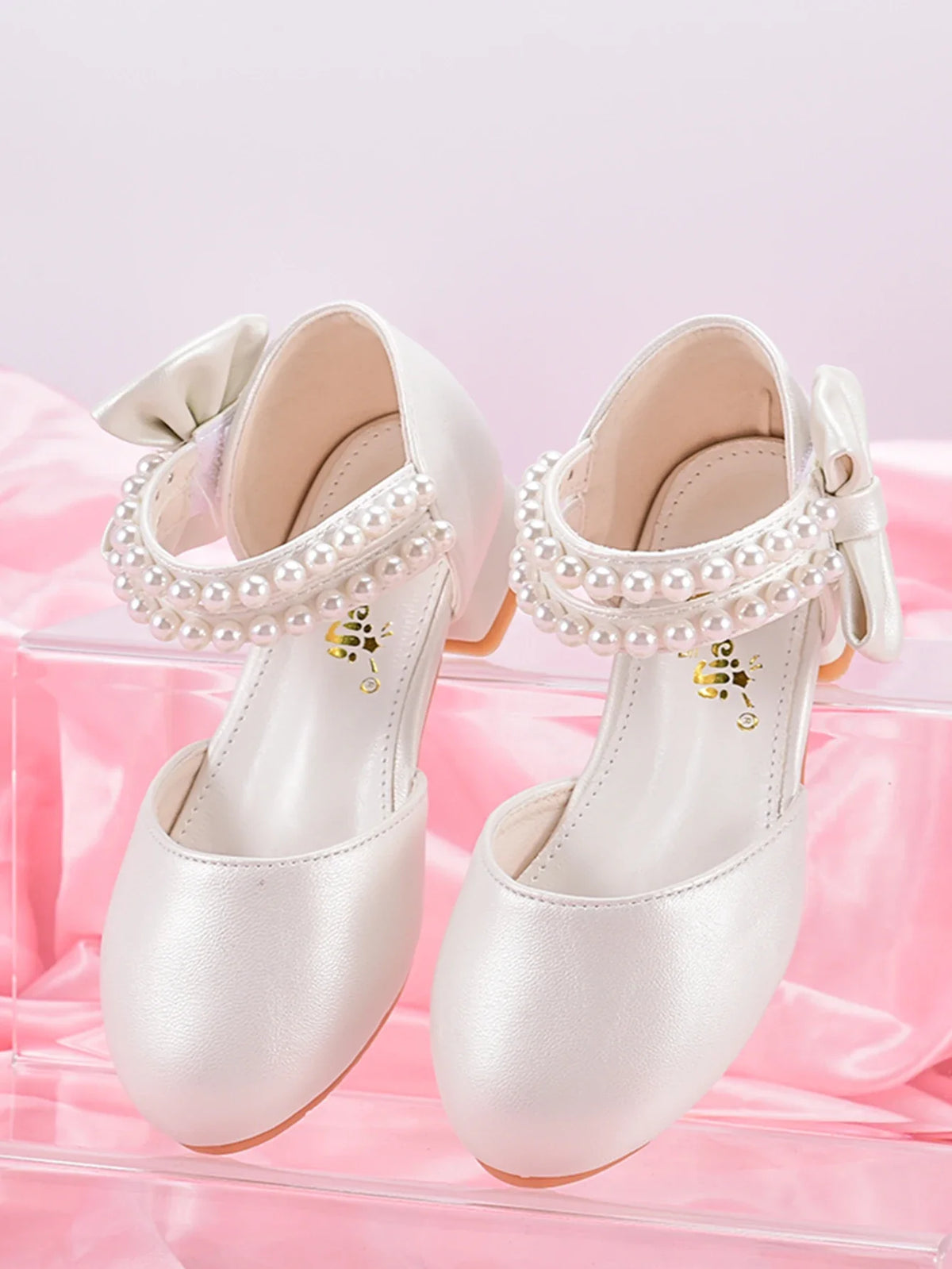 Girls’ Princess High-Heel Shoes - White Pearl Dress Shoes for Big Kids, Spring/Summer Style