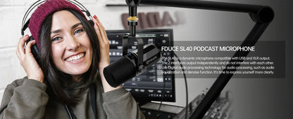 FDUCE SL40+ USB/XLR Dynamic Microphone Kit with Headset Output, Sound Insulation & Arm Stand for PC, PS5/PS4, and Mixers