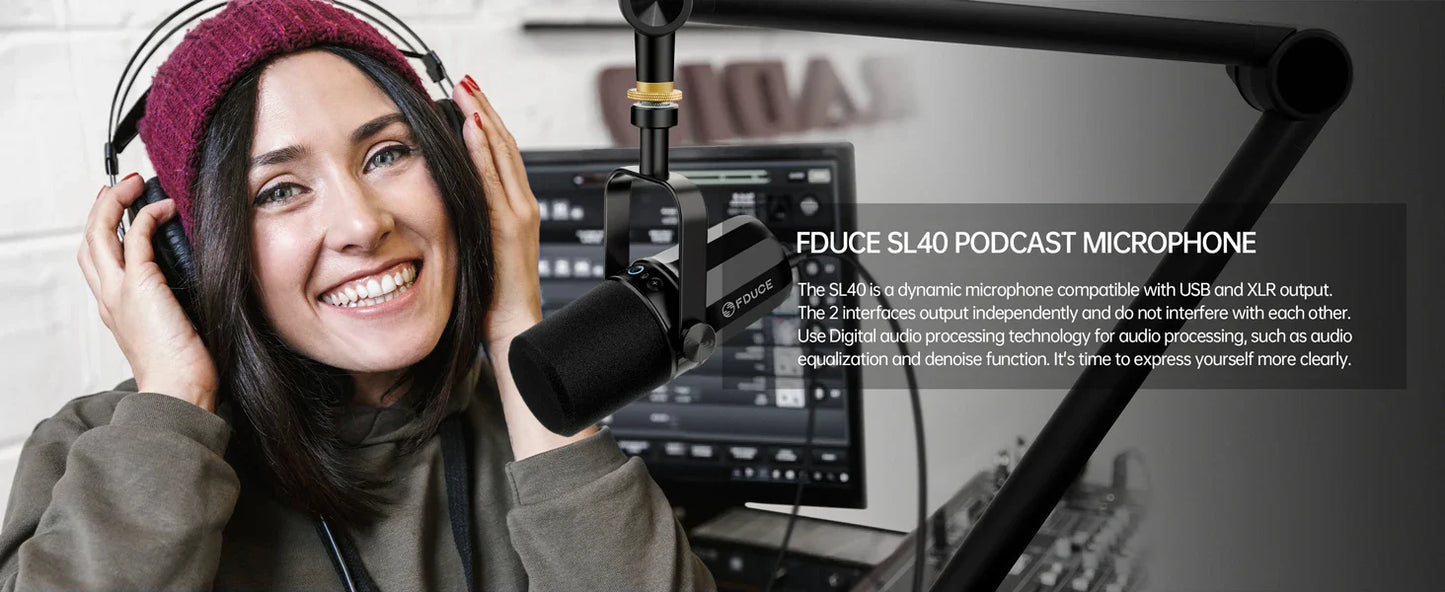 FDUCE SL40+ USB/XLR Dynamic Microphone Kit – Built-in Headset Output, Sound Insulation & Arm Stand for PC, PS5/4, Mixer