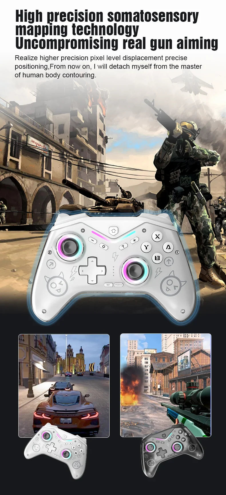 CM-619 Wireless Game Controller — Dual Motor, Dazzling Light, Compatible with iOS, Android & PC