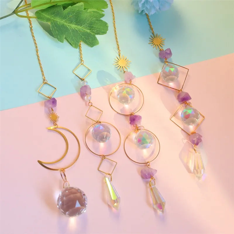 Moon Crystal Suncatcher: Hanging Rainbow Prism Wind Chime with Crystal Pendants, Ideal for Christmas Tree and Home Decor