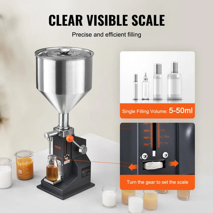 VEVOR A03 Manual Liquid Filling Machine — Adjustable 5-50ml/5-100ml Paste & Bottle Filler with Hopper for Water, Juice, Shampoo & Honey