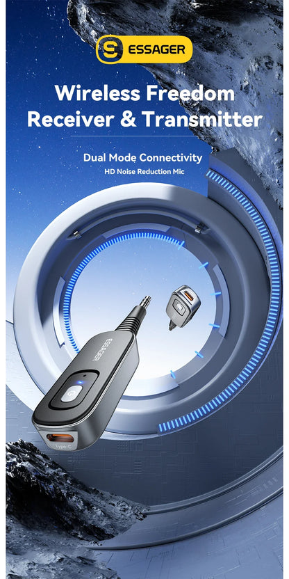 Essager 2 in 1 Bluetooth 5.1 Audio Receiver & Transmitter – Wireless 3.5mm AUX Stereo Adapter for Earphones, TV, & Car