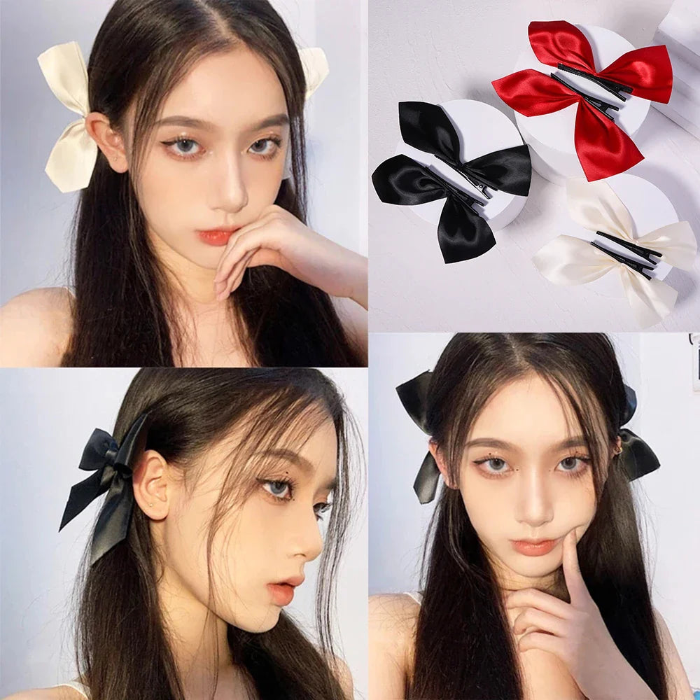 2pcs Black & White Ribbon Hair Bow Clips – Vintage Bowknot Side Hairpins, Cute Barrettes for Girls & Women, Headdress Accessories