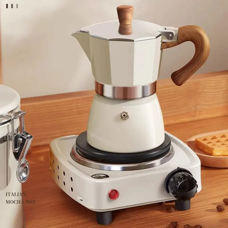 Vintage Wooden Handle Moka Pot – Classic Italian Espresso Maker 150ml/300ml for Home & Cafe Use