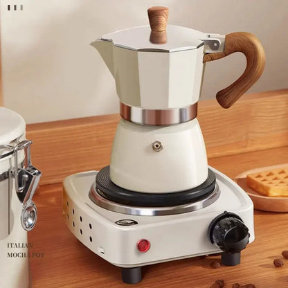 Vintage Wooden Handle Moka Pot – Classic Italian Espresso Maker 150ml/300ml for Home & Cafe Use