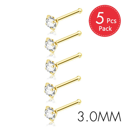 5PCS Stainless Steel Nose Ring Studs — Crystal Nostril Piercing Jewelry for Women & Girls, 1.5/2.0/2.5/3.0mm, 20G