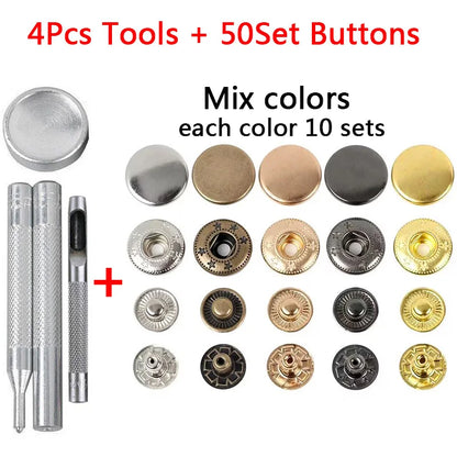50 Sets Leather Snap Fasteners Kit – 10mm/12mm/15mm Metal Press Studs with 4 Tools for DIY Clothes & Crafts