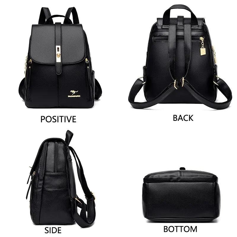 Luxury Women’s Leather Backpack - Black Vintage Casual Daypack, School Bag, and Rucksack for Girls