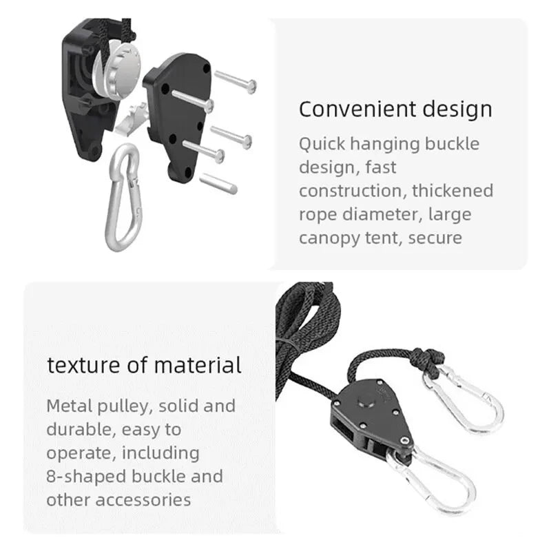 4pcs Adjustable 8-inch Reinforced Rope Ratchet Hangers - Hanging Pulley Hooks for Grow Tents & Plant Lamps