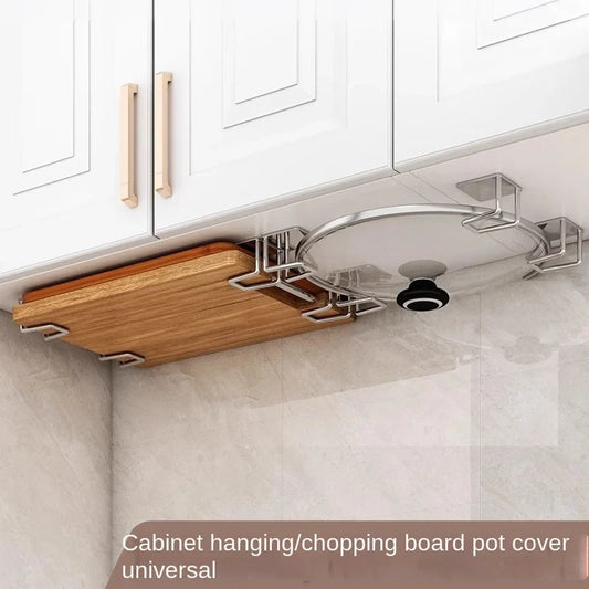 Kitchen Non-Perforated Stainless Steel Storage Rack — Wall-Mounted Pot Cover & Cutting Board Organizer for Cabinets