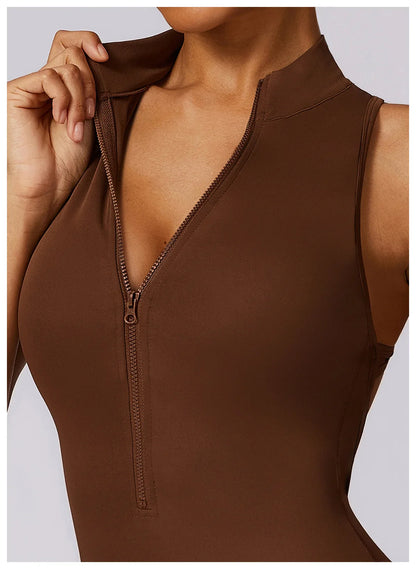 Women’s V-Back One-Piece Sports Jumpsuit — Sleeveless Yoga Romper with Zipper Workout Bodysuit