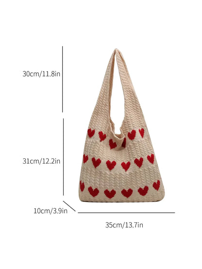 Heart Pattern Color-Block Crochet Handbag – Large Capacity Shoulder Beach & Commute Tote Bag, Fashion Versatile Daily Carry Bag