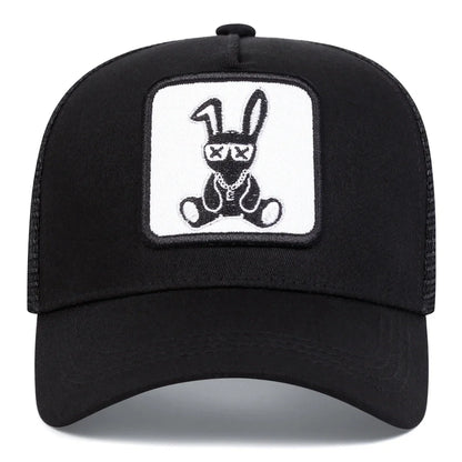 Cartoon Rabbit Embroidery Cap - Adjustable Mesh Baseball Hat with Sun Protection for Spring & Summer Outdoor Wear