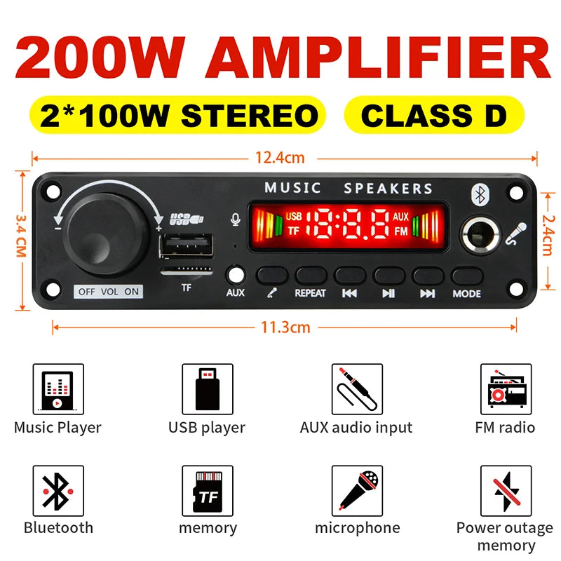 200W Bluetooth Amplifier Board - DIY MP3 WAV Decoder with USB, TF Card, FM Radio & Microphone, DC 12V