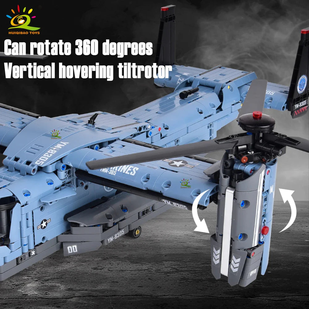 HUIQIBAO MOC 1389PCS V-22 Tiltrotor Aircraft Building Blocks – Military Helicopter Model Toy for Kids & Home Decor