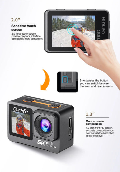 6K 4K60FPS Action Camera – 50MP Dual Screen, 2.0" Touch LCD, EIS, WiFi, 170° Lens, 30M Waterproof, 5X Zoom with Remote