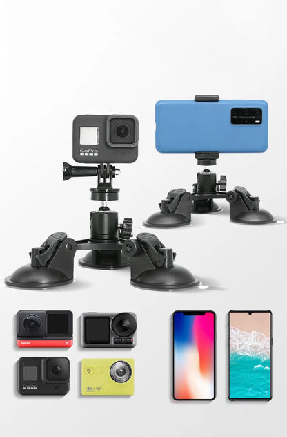 Suction Cup Car Mount with Tripod Adapter — Phone & GoPro Holder for Action Cameras