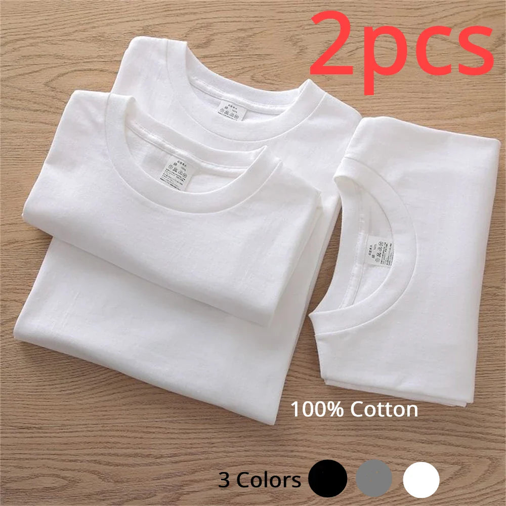 2PCS Unisex 100% Cotton White T-Shirts – Casual Loose Fit Short Sleeve Breathable Tees for Men & Women