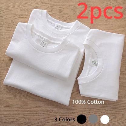 2PCS Unisex 100% Cotton White T-Shirts – Casual Loose Fit Short Sleeve Breathable Tees for Men & Women