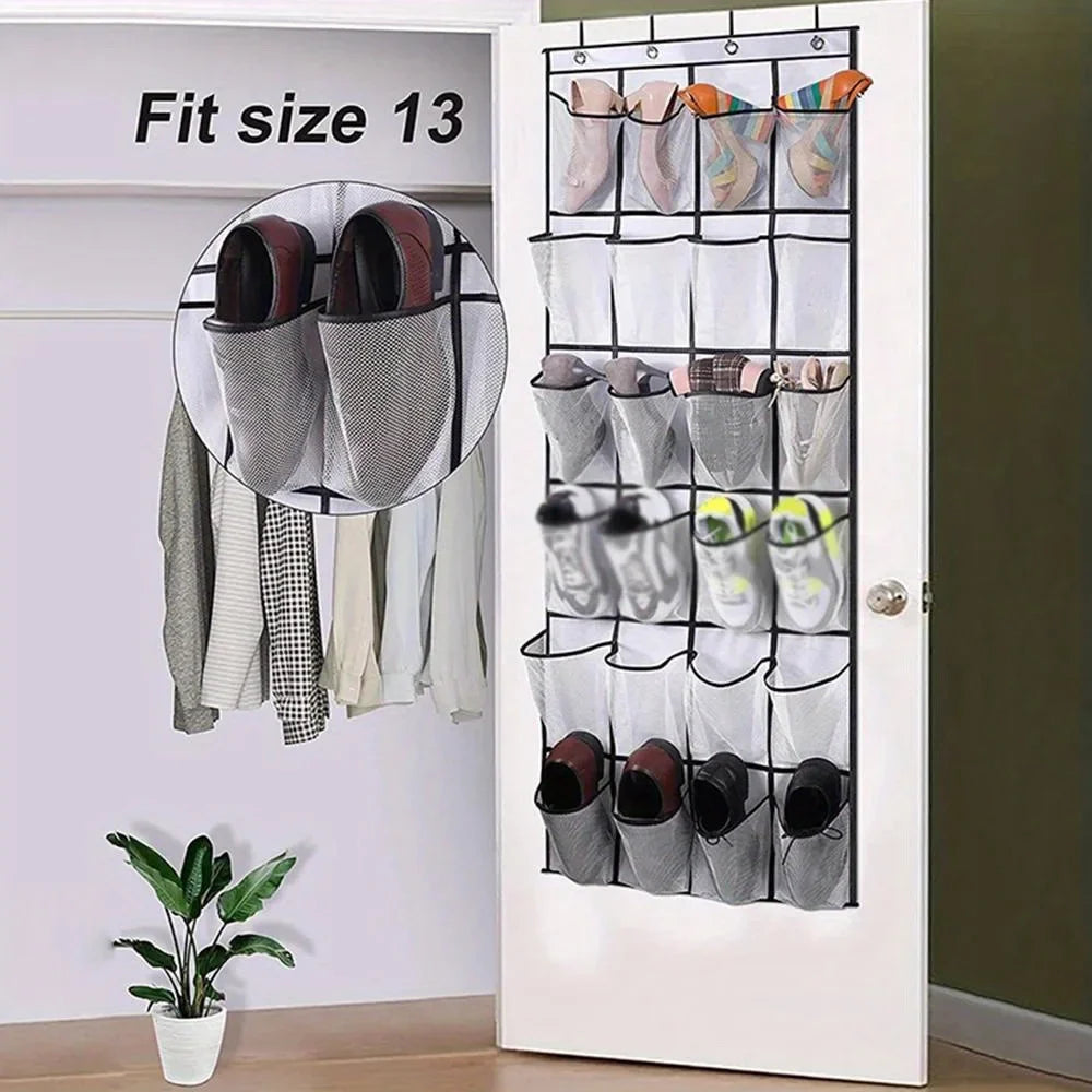 24-Grid Wall-Mounted Shoe Organizer – Fabric Closet Storage Rack with Mesh Pockets, Clear Hanging Over-the-Door Cloth Bag