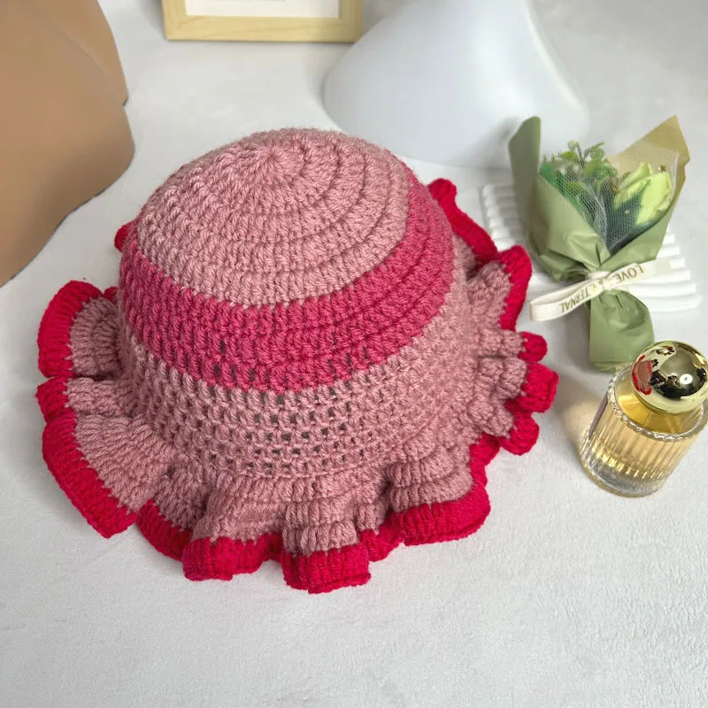 Handmade Crochet Conical Bucket Hat – Ruffled Brim Fisherman Hat for Women, Stylish Sun Protection Cap