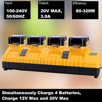 DCB104 Rapid Charger for Dewalt 12V & 20V Max Batteries – 4-Port with 2 USB, Compatible with DCB204, DCB205, DCB127, DCB105