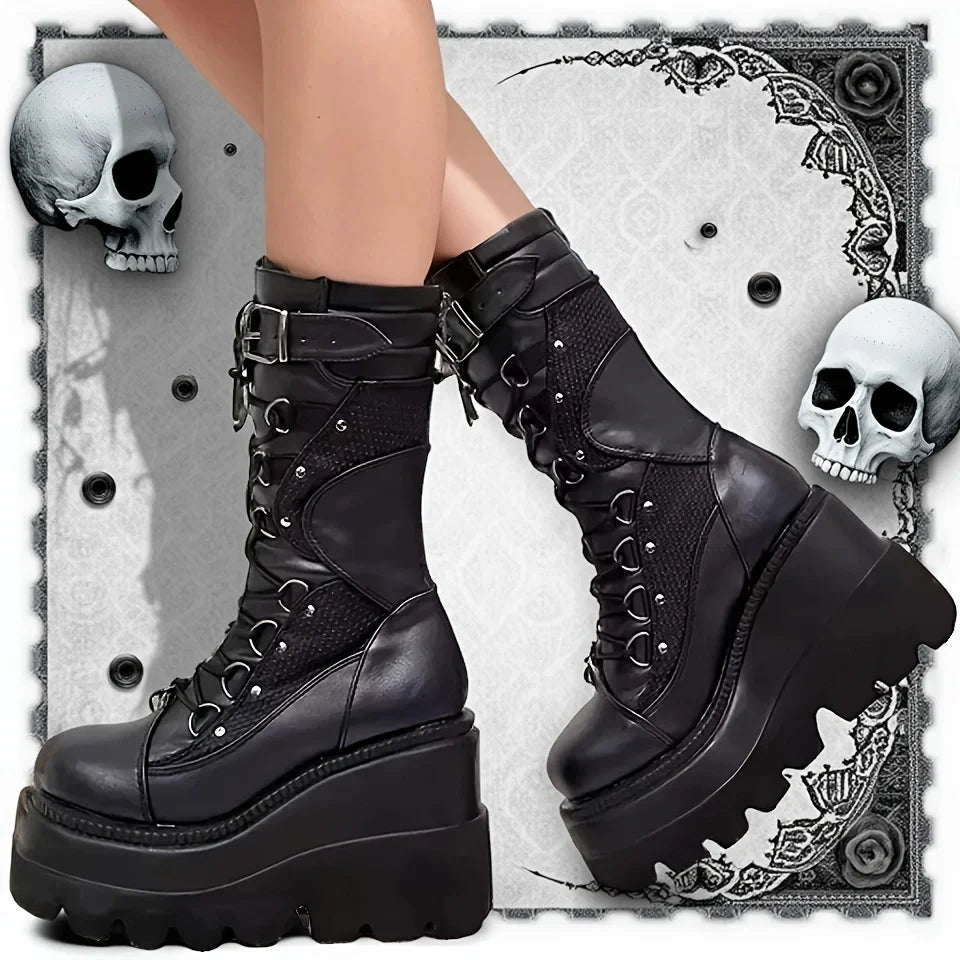 Brand New Women’s Goth Platform Boots – Punk Rivet Buckle Wedge High Heel Party Street Cosplay Shoes
