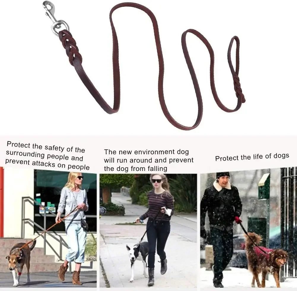 Genuine Leather Dog Leash – Braided Walking & Training Lead for Medium & Large Dogs, Brown & Black