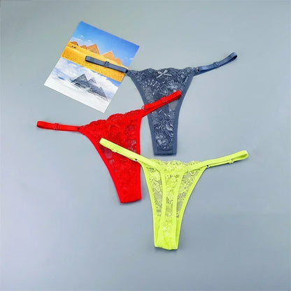 Women's Transparent Lace Thong Set - 3PCS Adjustable Low Waist Sexy T-Back Underwear