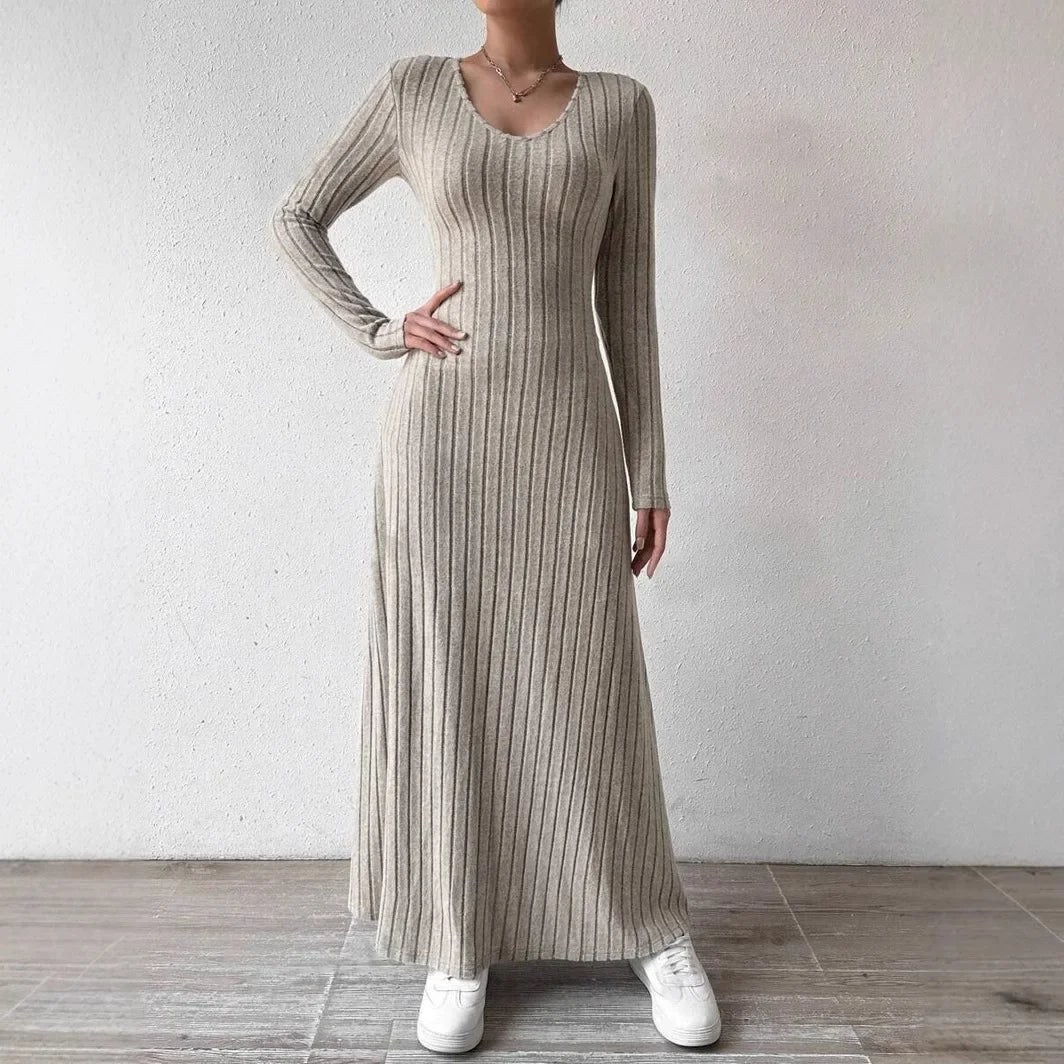 Knitted Long Sleeve A-Line Dress - Women's Slim Fit Solid Color Streetwear Maxi Dress with Elegant Silhouette