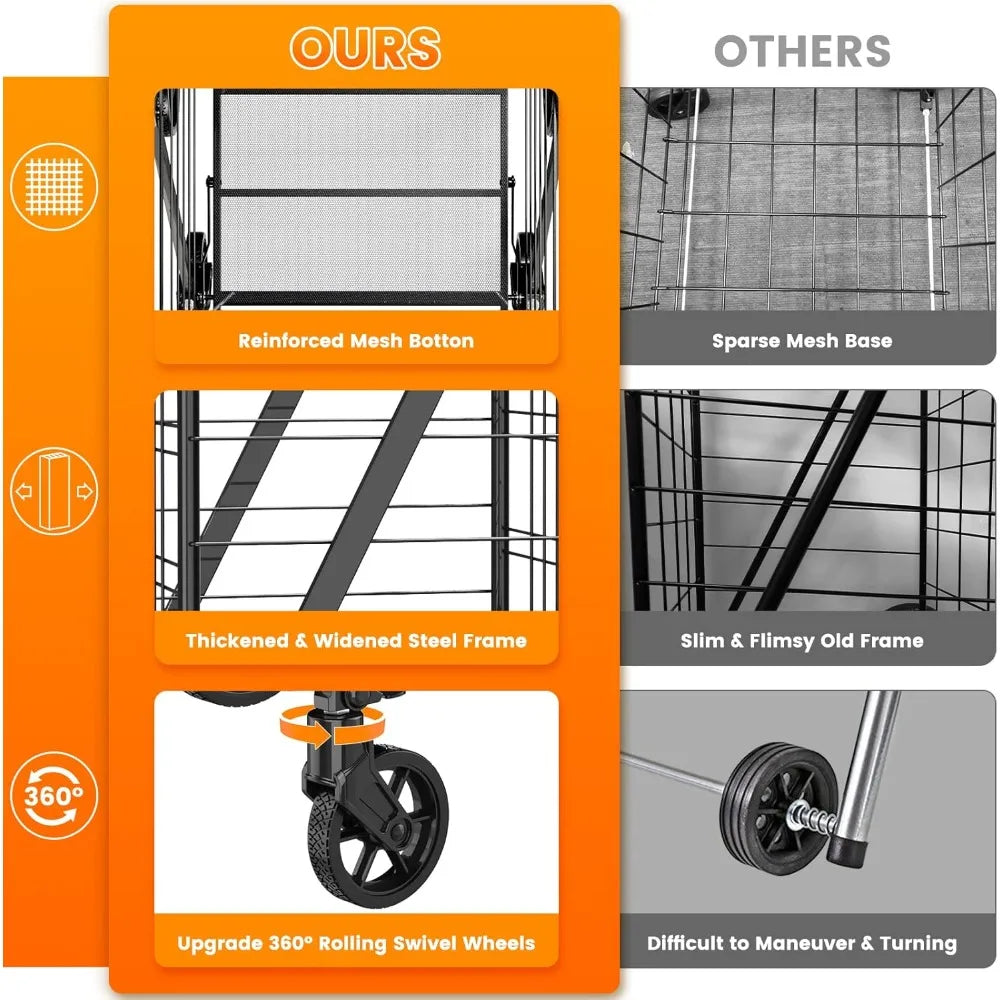 Heavy Duty 280lb Folding Shopping Cart — Large Utility Cart with Waterproof Liner & 360° Rotating Wheels