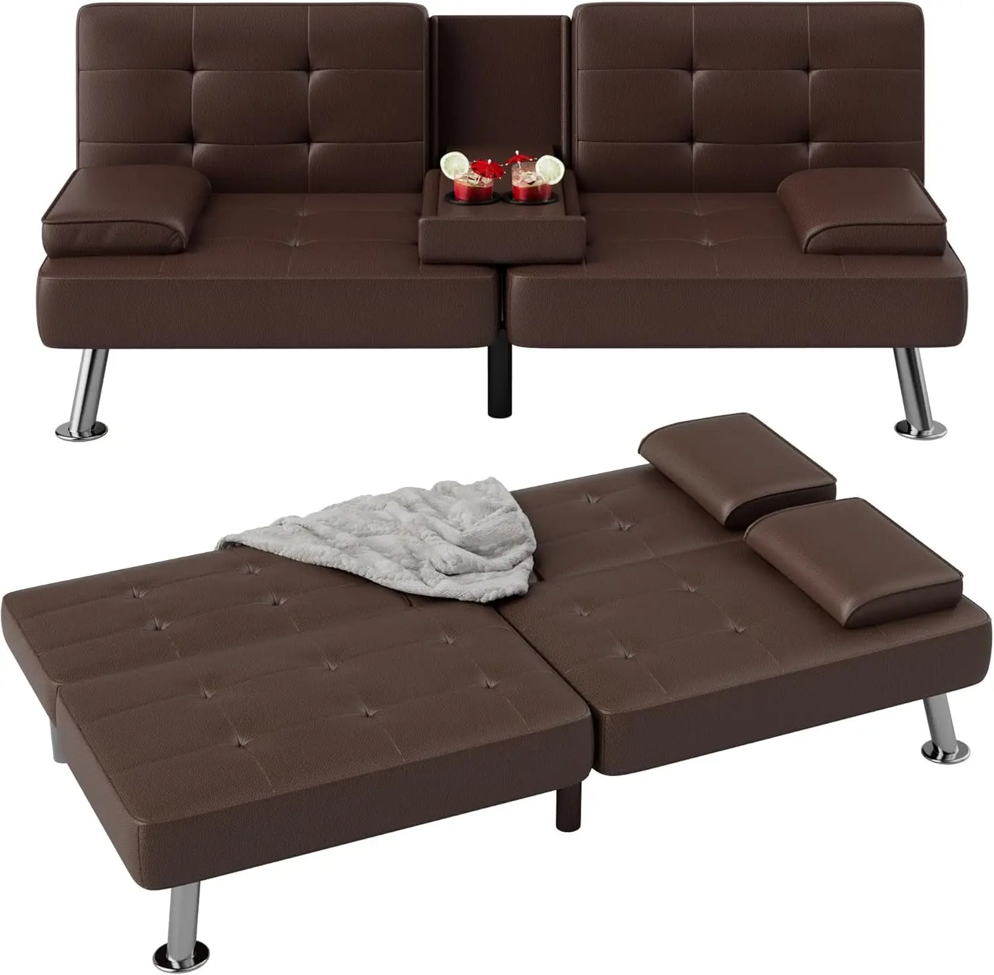 Modern Corduroy Futon Sofa Bed with Cup Holders & Removable Armrests – Folding Recliner Lounge, Green