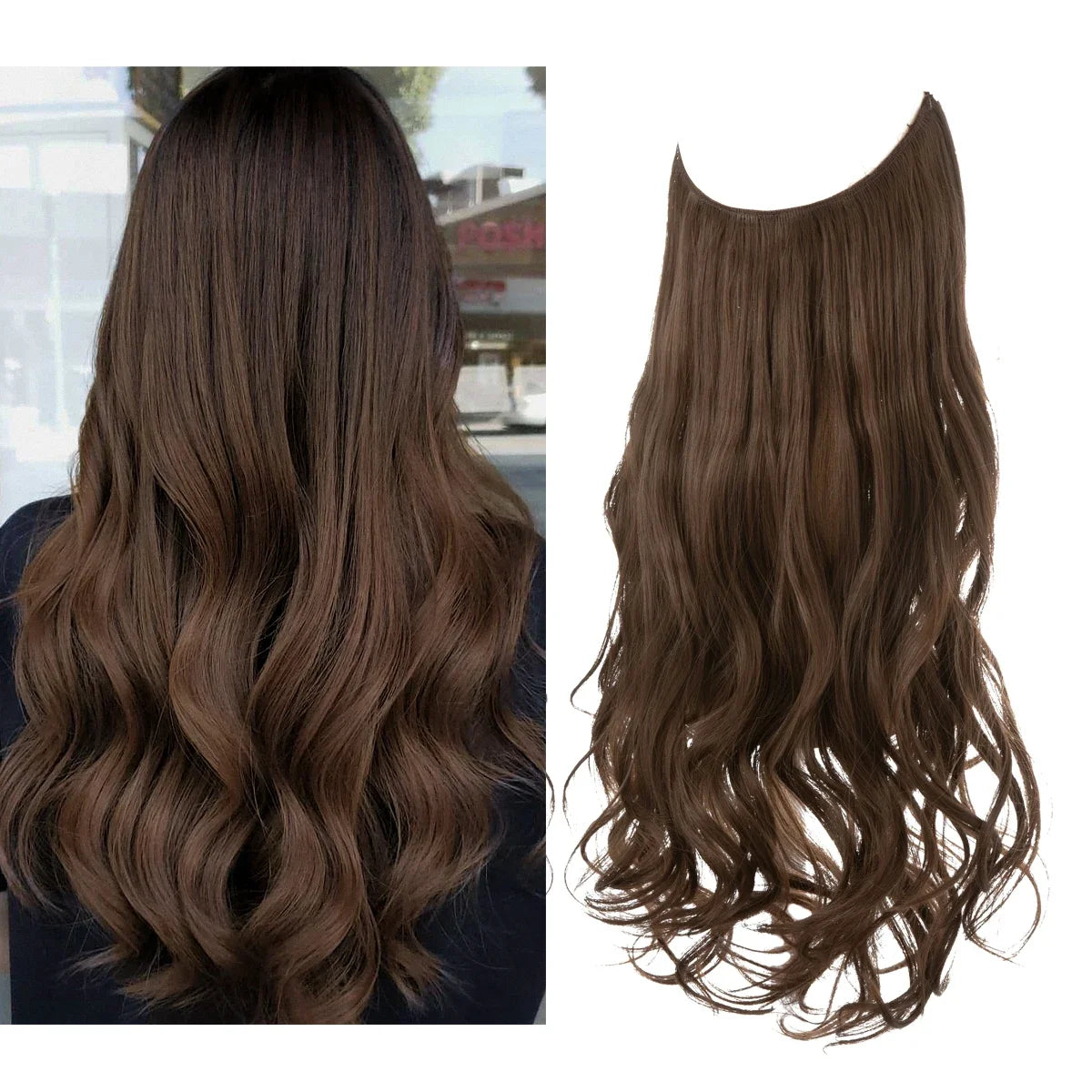 Synthetic Ombre Hair Extension - One Piece Invisible Wire Long Wavy Clipless False Hairpiece Black Blonde Pink