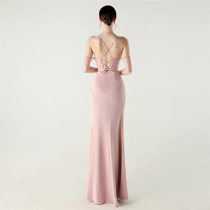 DEERVEADO Women’s Satin Strap Evening Dress — Beaded Sexy Mermaid Slit Long Formal Party Gown