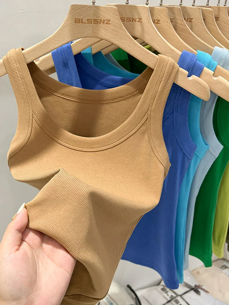 Women’s Ribbed Tank Top Camisole – Solid Color Round Neck Elastic O-Neck Basic Summer Sleeveless Top