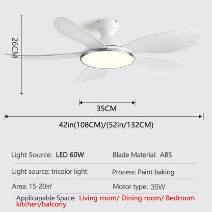 52-inch Modern LED Ceiling Fan — 60W Low Floor DC Motor, 35W Light, Remote Control, 110-220V