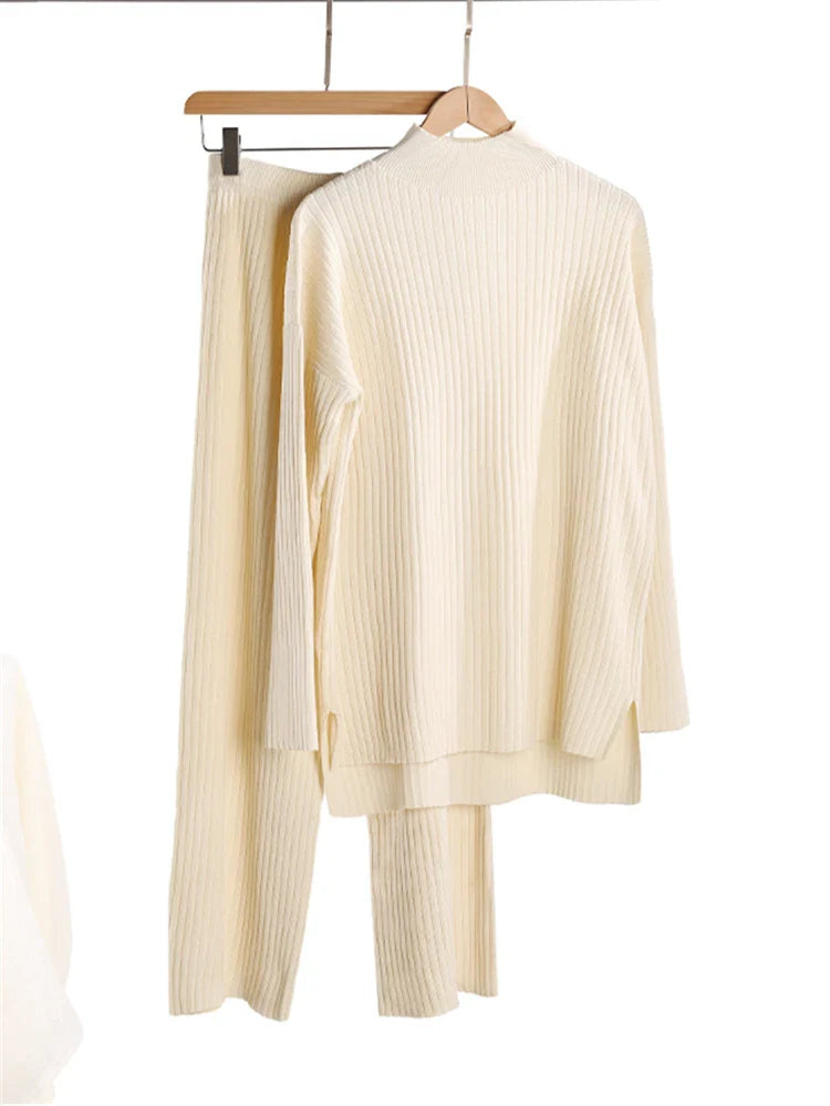Women’s 2-Piece Autumn & Winter Knitted Tracksuit – Turtleneck Sweater with Straight Jogging Pants Set