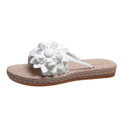Women's Braided Floral Flip Flops - Flat Open-Toe Vacation Sandals