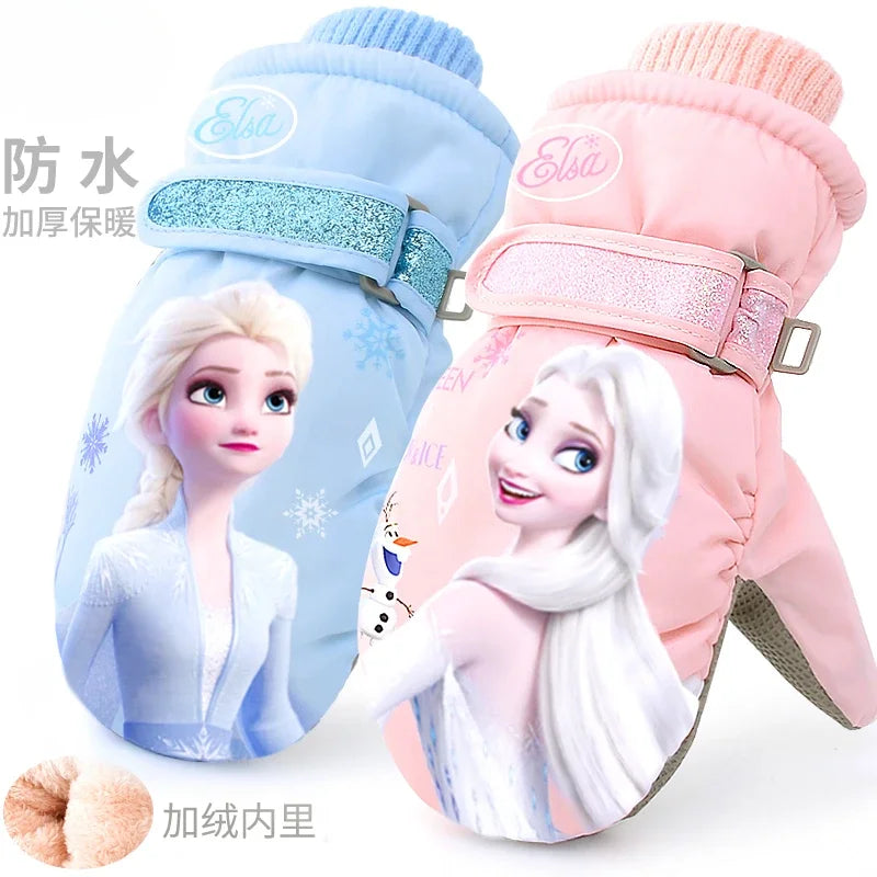 Hasbro Princess Elsa Finger Ski Gloves - Cute Kawaii Velvet, Thickened & Waterproof Gloves for Girls, Warm Winter Kids Gloves