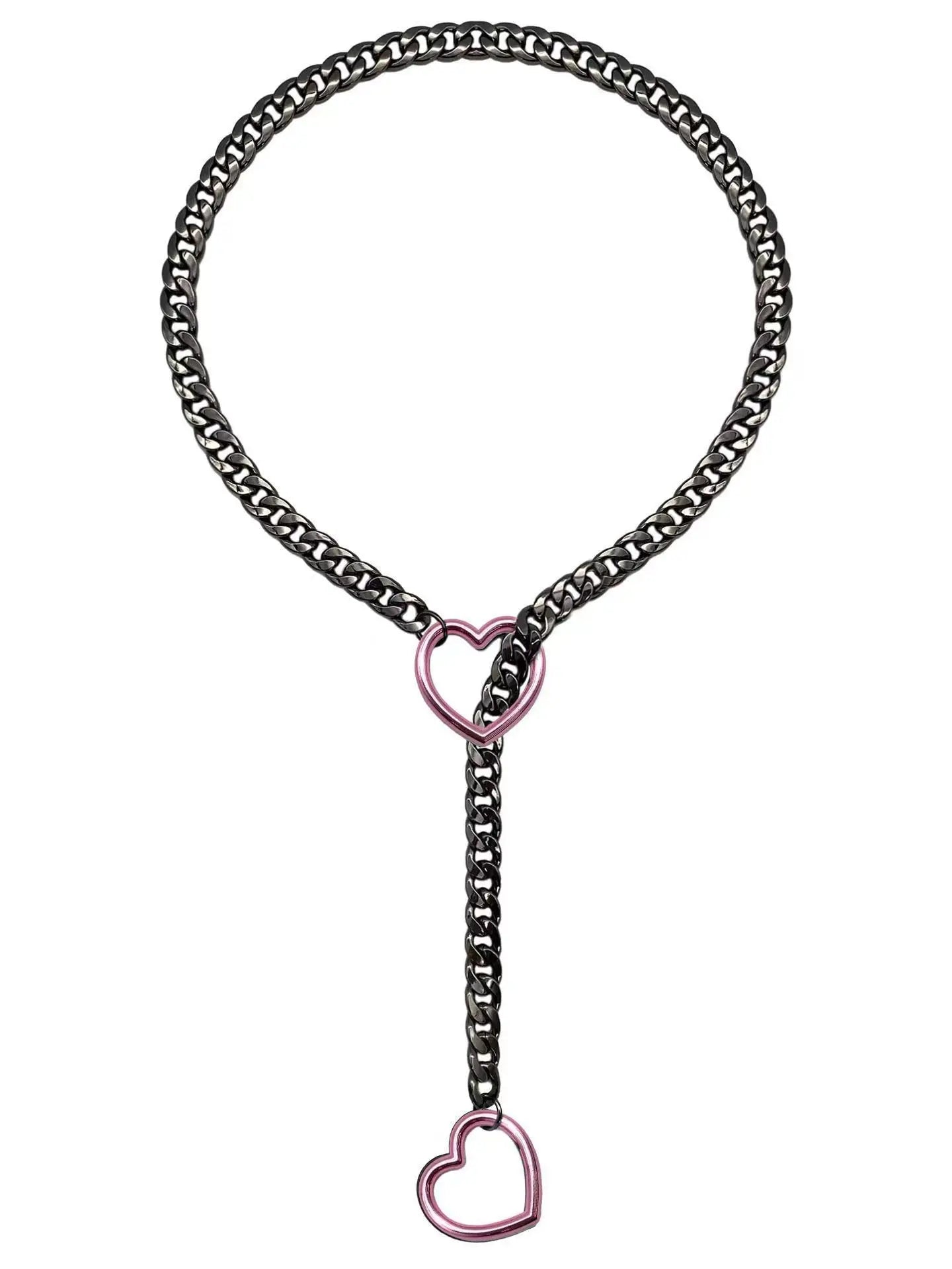 Adjustable Stainless Steel Cuban Link Necklace - Heart O Ring Punk Rock Chain Jewelry for Daily Party Wear