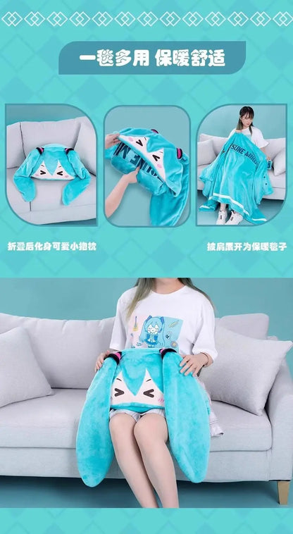 Kawaii Hatsune Itabag Multi-Functional Hooded Air Conditioning Blanket – Soft & Warm Miku Flannel Siesta Shawl Gift
