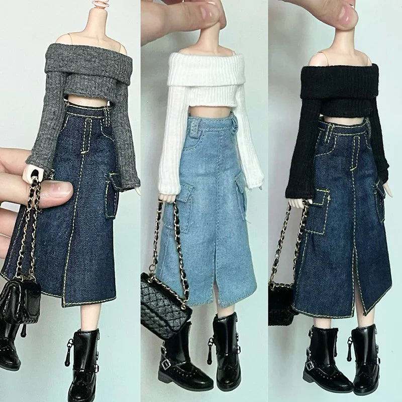 Handmade Blythe Doll Clothes – Off-Shoulder Sweater & Split Denim Long Skirt Mini Dress for 1/6 OB24 Dolls