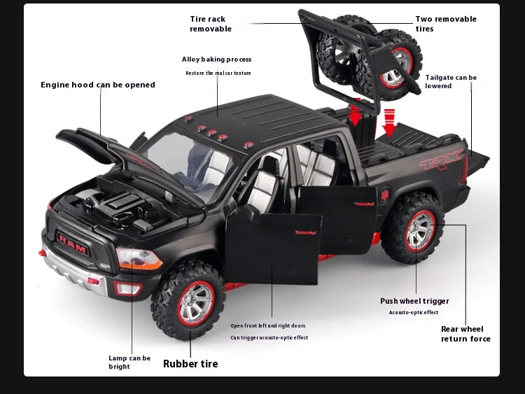 1:32 RAM Pickup Truck Alloy Model – Sound, Light & Spring-Back Action Toy for Kids’ Adventure Play