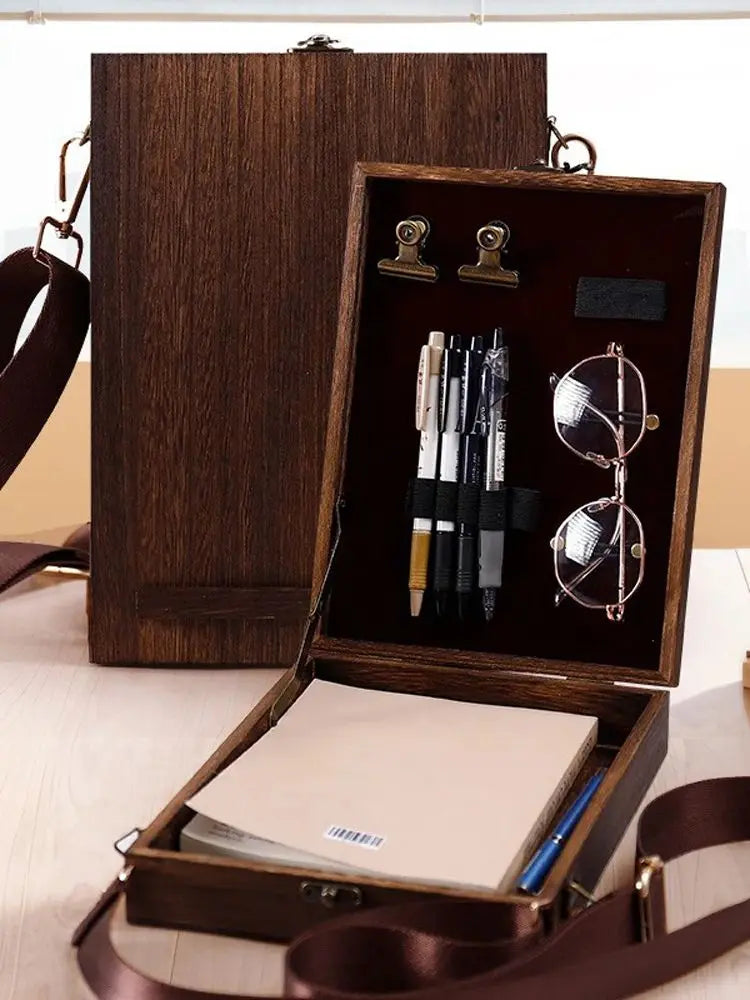 Retro Wooden Box Messenger Bag – Women’s Outdoor Sketch & Tool Storage Bag with Lid, Nostalgic Souvenir Design