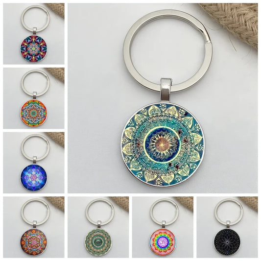 Retro Mandala Flower Yoga Keychain – Buddhist Chakra Glass Car Keyring for Men & Women Spiritual Jewelry Gift Accessory