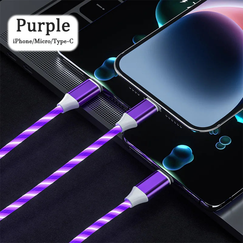 3-in-1 LED Glowing Charging Cable – 3A Micro USB & Type-C Flowing Streamer Cord for iPhone, Xiaomi & Huawei