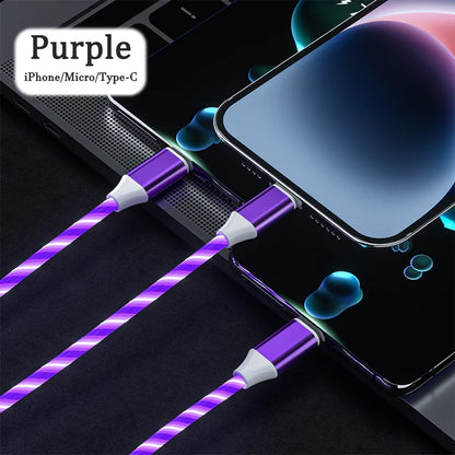 3-in-1 LED Glowing Charging Cable – 3A Micro USB & Type-C Flowing Streamer Cord for iPhone, Xiaomi & Huawei